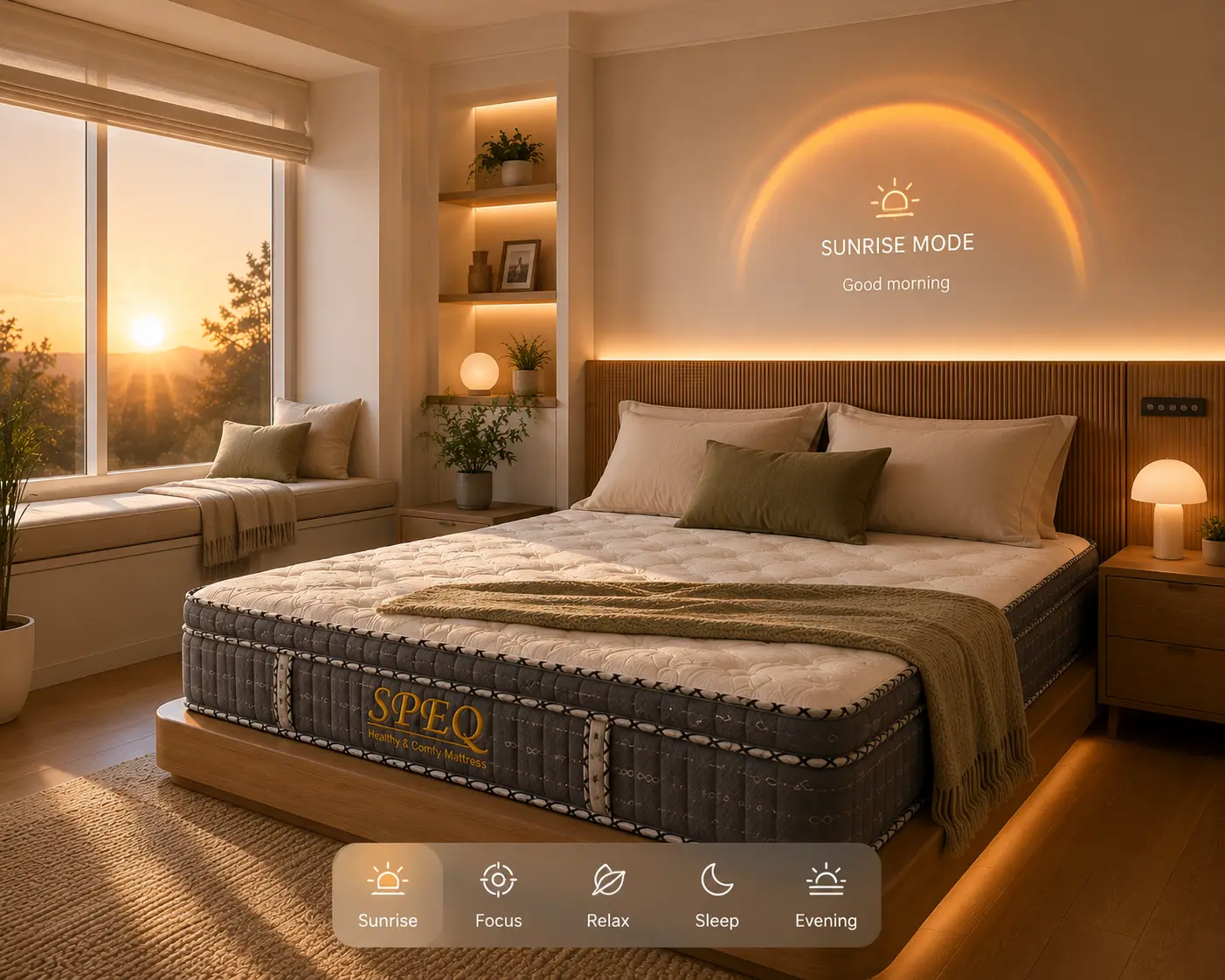 Kamar tidur berfokus pada wellness dengan smart lighting meniru matahari terbit