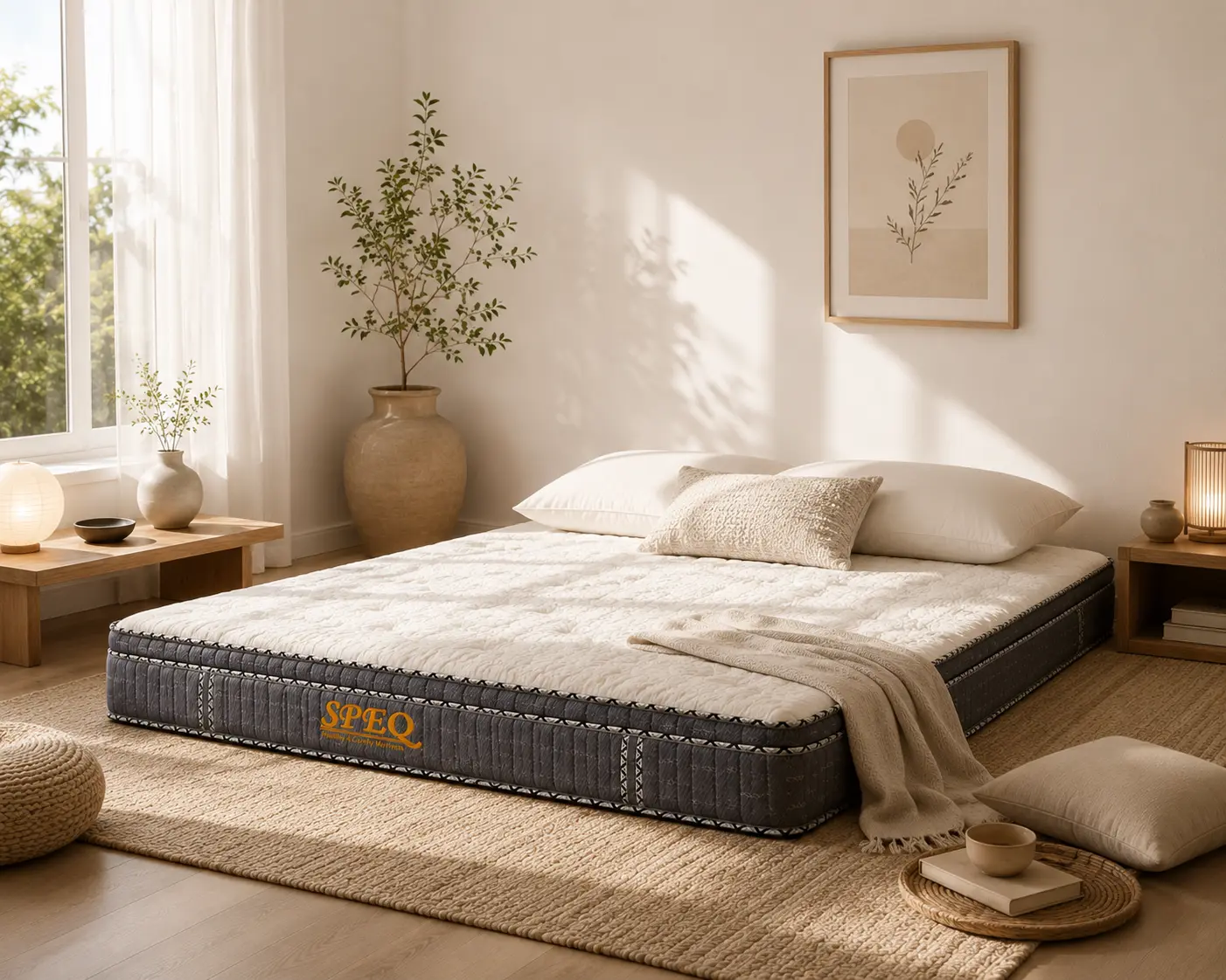 Inspirasi desain interior floor bed minimalis dengan kasur Speq