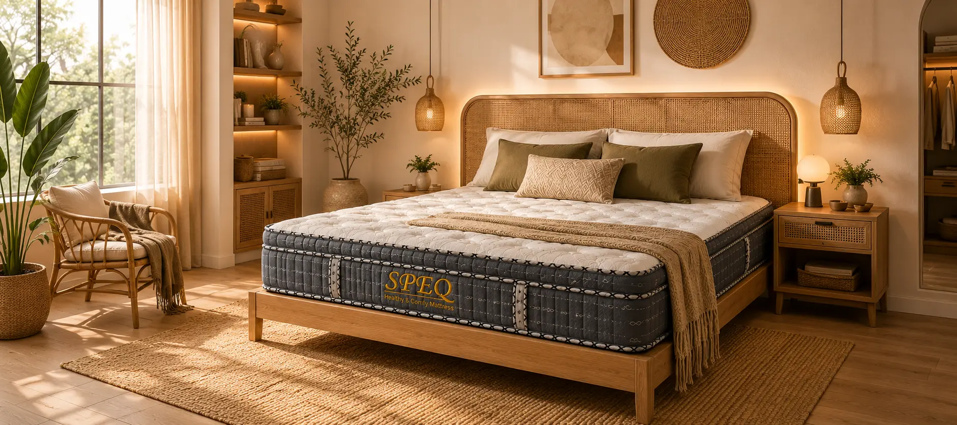 Desain interior kamar tidur 2026 dengan elemen kayu organik, rotan, dan headboard melengkung